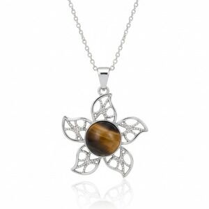 Tiger Eye Flower Pendant Necklace Sterling Silver Flower‎